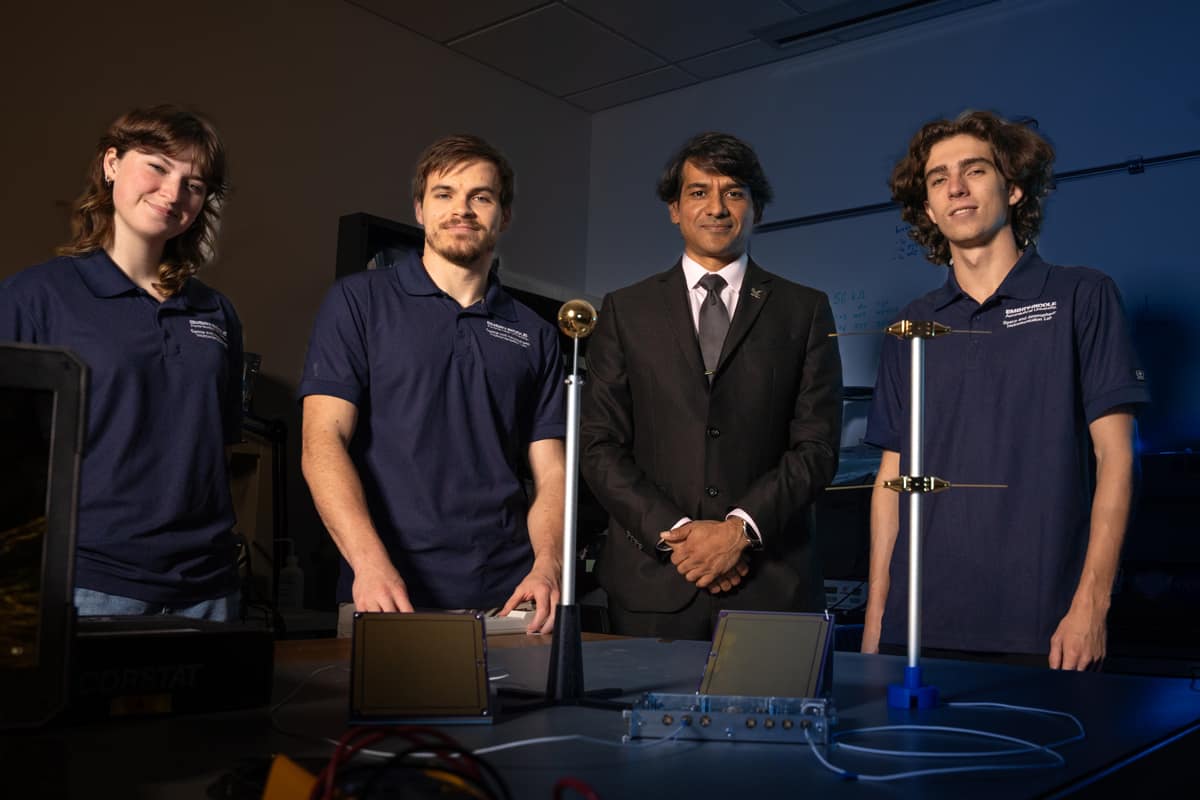 Dr. Aroh Barjatya is leading Ph.D. candidate Nathan Graves and Physics Engineering seniors Skylar Wardlaw and Ian Hollander in a project that will send Langmuir probes to Mars to measure the planet's atmosphere. From left: Wardlaw, Graves, Barjatya and Hollander.