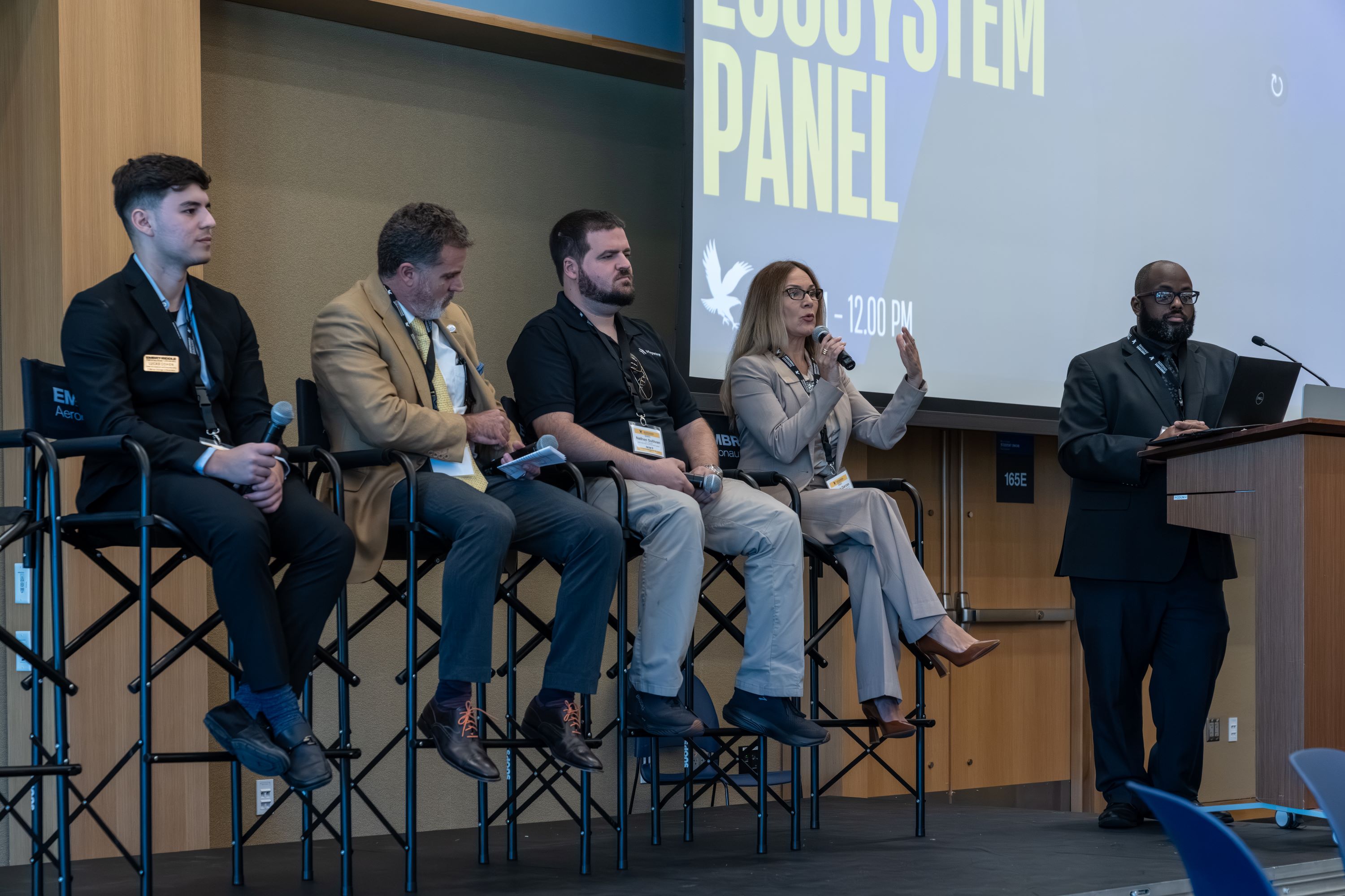 Connie Garzon, site manager for the Volusia Innovation Hub, talks about resources for local entrepreneurs at Embry-Riddle’s Trep Expo. She was on a panel with (from left to right): Lucas Cohen, CEO of Beyond Bounds Studios; Lou Paris, director of Economic Development for Volusia County; and Nathan Sullivan, CTO for MapWare. Ronnie Mack, director of the MicaPlex and Embry-Riddle Research Park Operations, served as moderator.