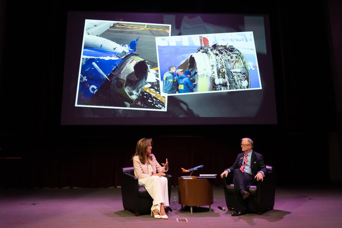 Capt. Tammie Jo Shults was interviewed by Center for Aviation and Aerospace Safety head Robert L. Sumwalt, former chair of the NTSB, which led the investigation of Shults’ mid-flight emergency. 