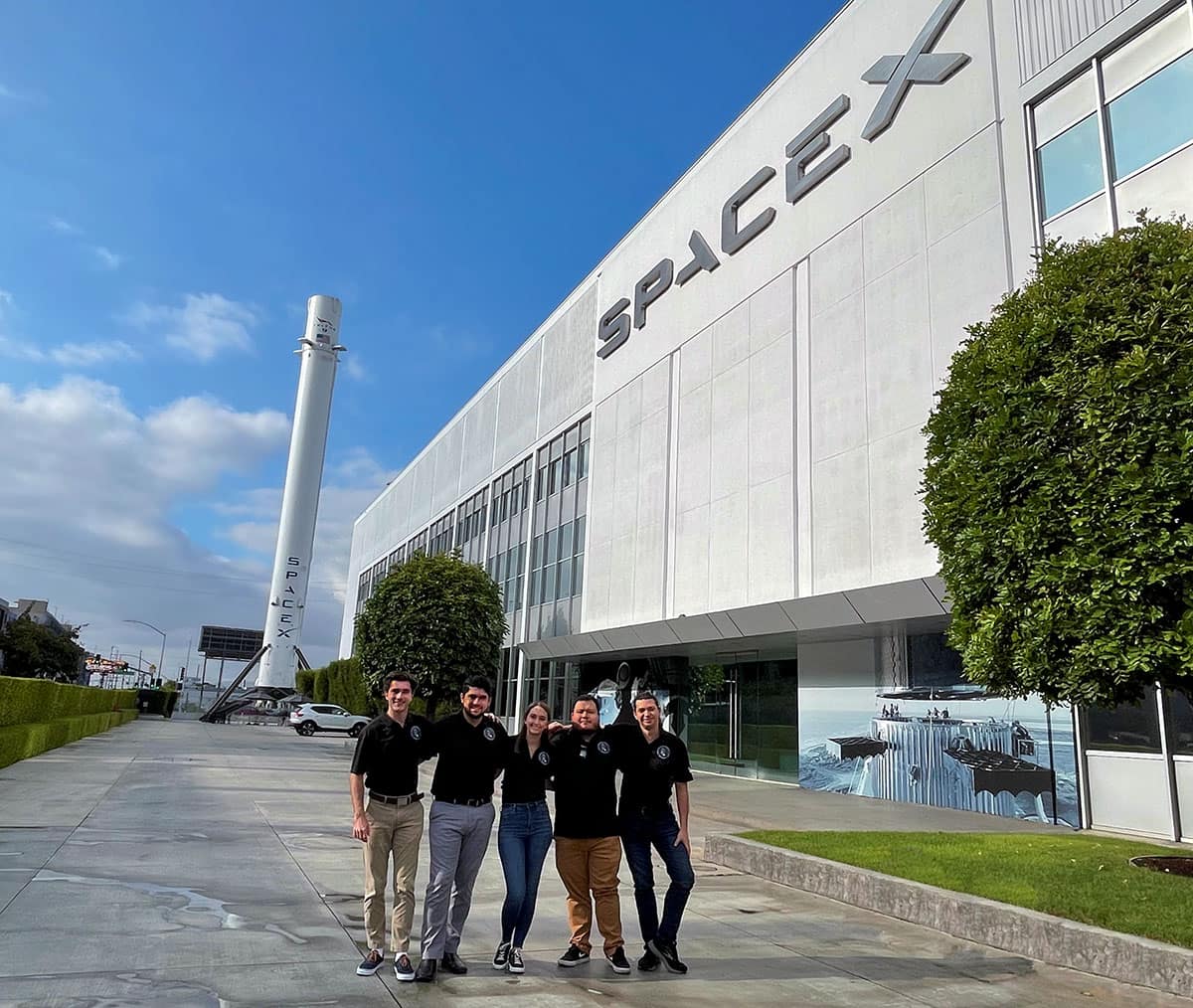 Embry-Riddle students (from left to right) Jarred Jordan, Joseph Nicolich, Taylor Yow, Daniel Posada and Daniel Lopez recently visited SpaceX Headquarters.