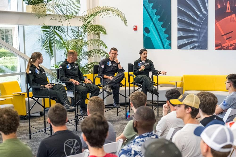 Sarah Gillis, mission specialist; Jared Isaacman, mission commander; Scott Poteet, mission pilot; and Anna Menon, mission specialist and medical officer