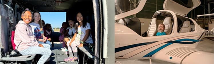 Two side-by-side photos of young girls in airplanes