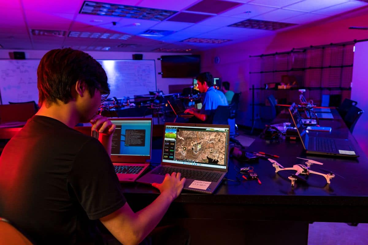 Embry-Riddle Cyber Intelligence and Security students analyze cyber-physical security issues at the Prescott Campus Cyber Gym.