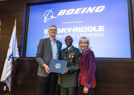 Embry-Riddle President P. Barry Butler, Ph.D.; Arnold James, U.S. Army retired; and Leanne Caret, executive vice president and senior advisor at The Boeing Company