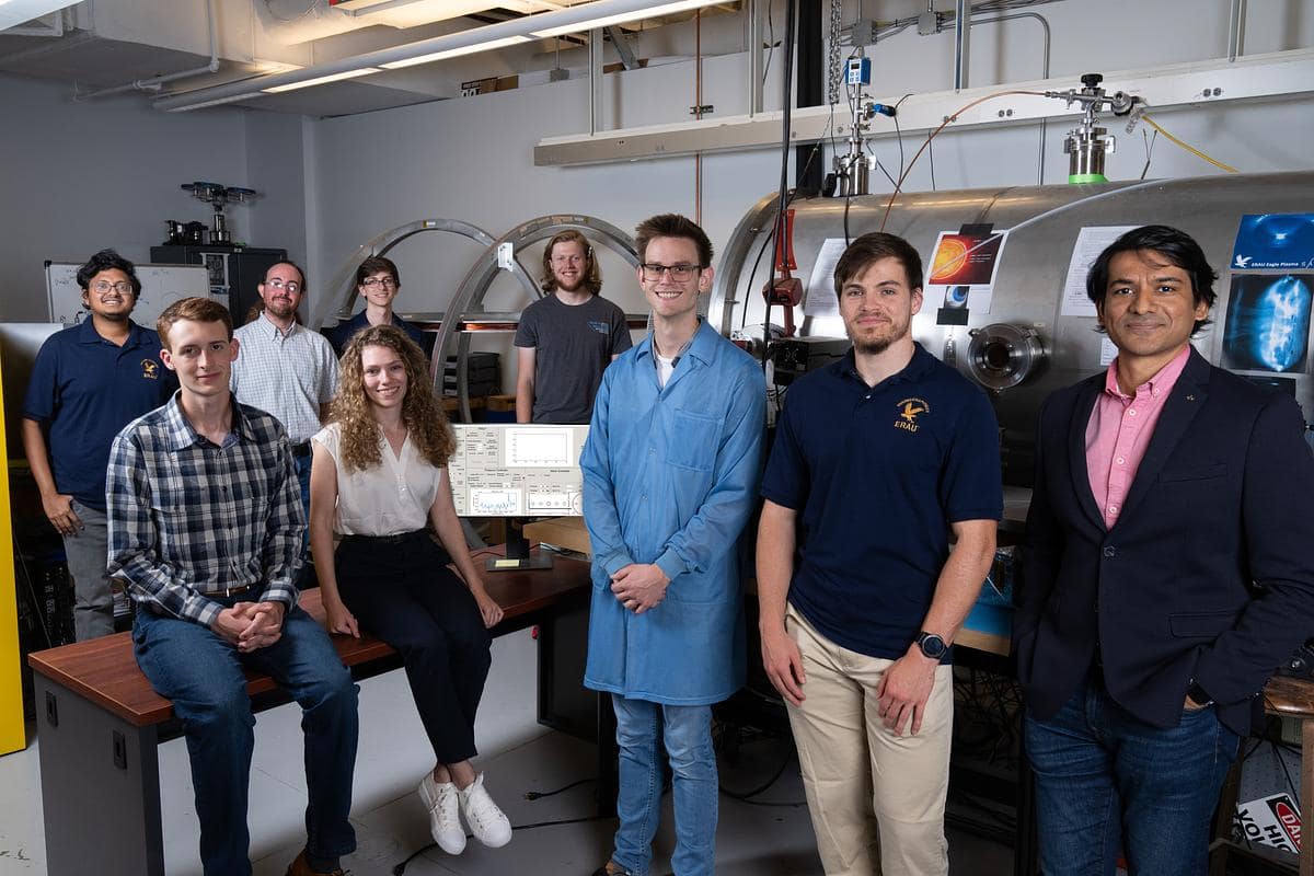 Dr. Aroh Barjatya (far right) poses with students in Embry-Riddle’s Space and Atmospheric Instrumentation Lab (SAIL)