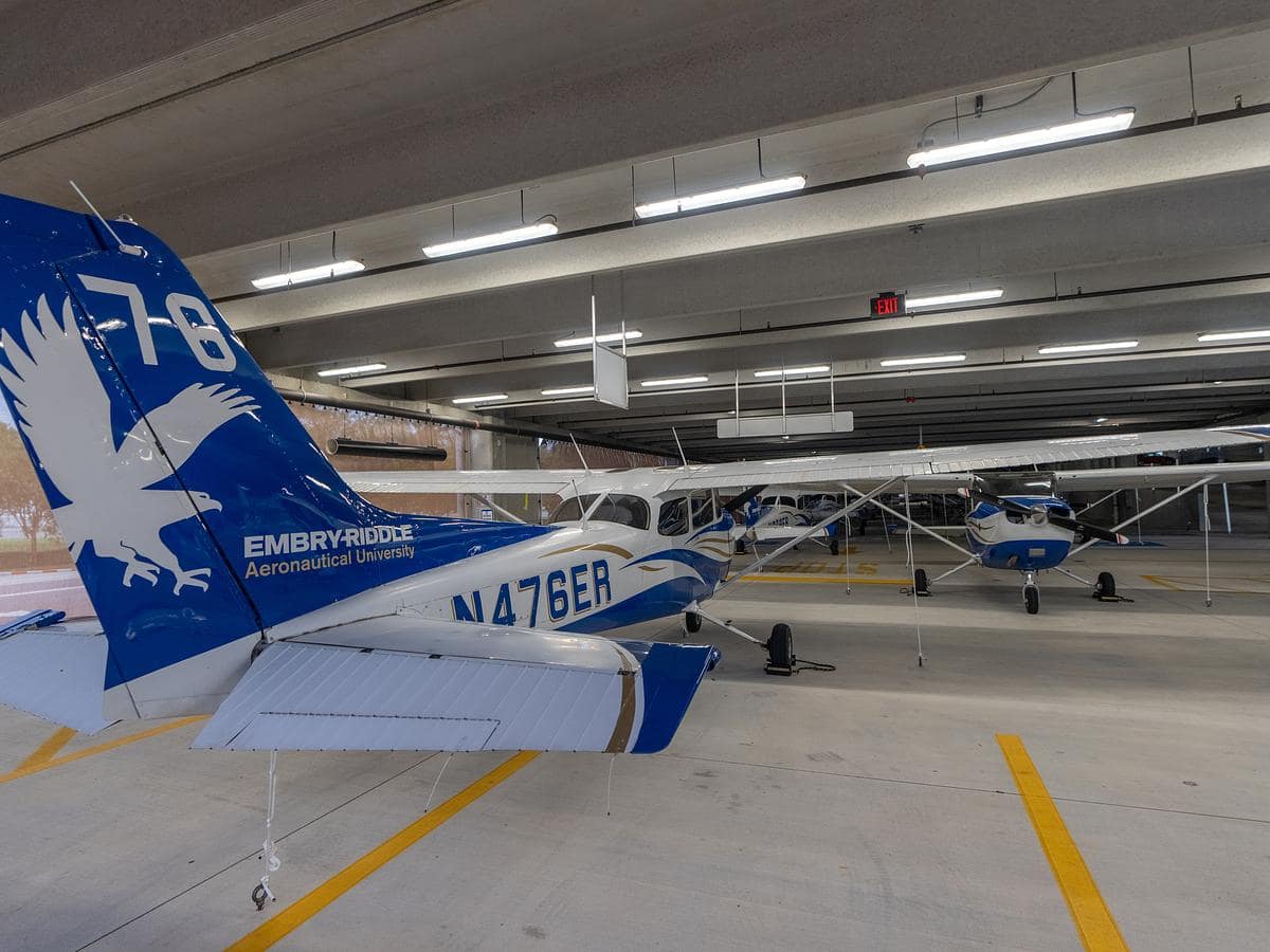 To avoid storm damage, a fleet of Embry-Riddle aircraft are stored securely in a Daytona Beach Campus parking garage