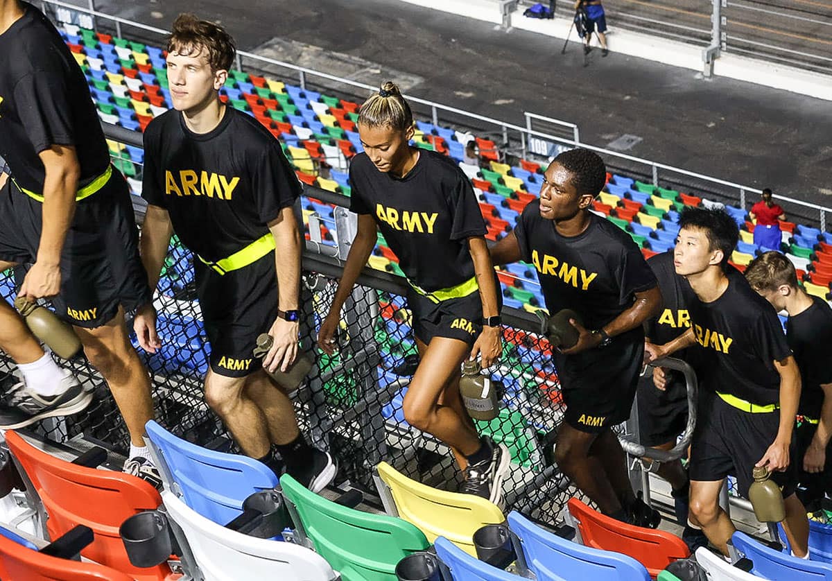 Embry-Riddle Army ROTC cadets climb Daytona Beach International Speedway stands to commemorate 9/11