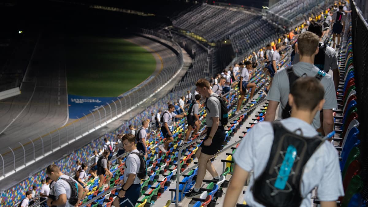 Almost 800 cadets and midshipmen completed a 9/11 memorial stair climb at Daytona International Speedway.