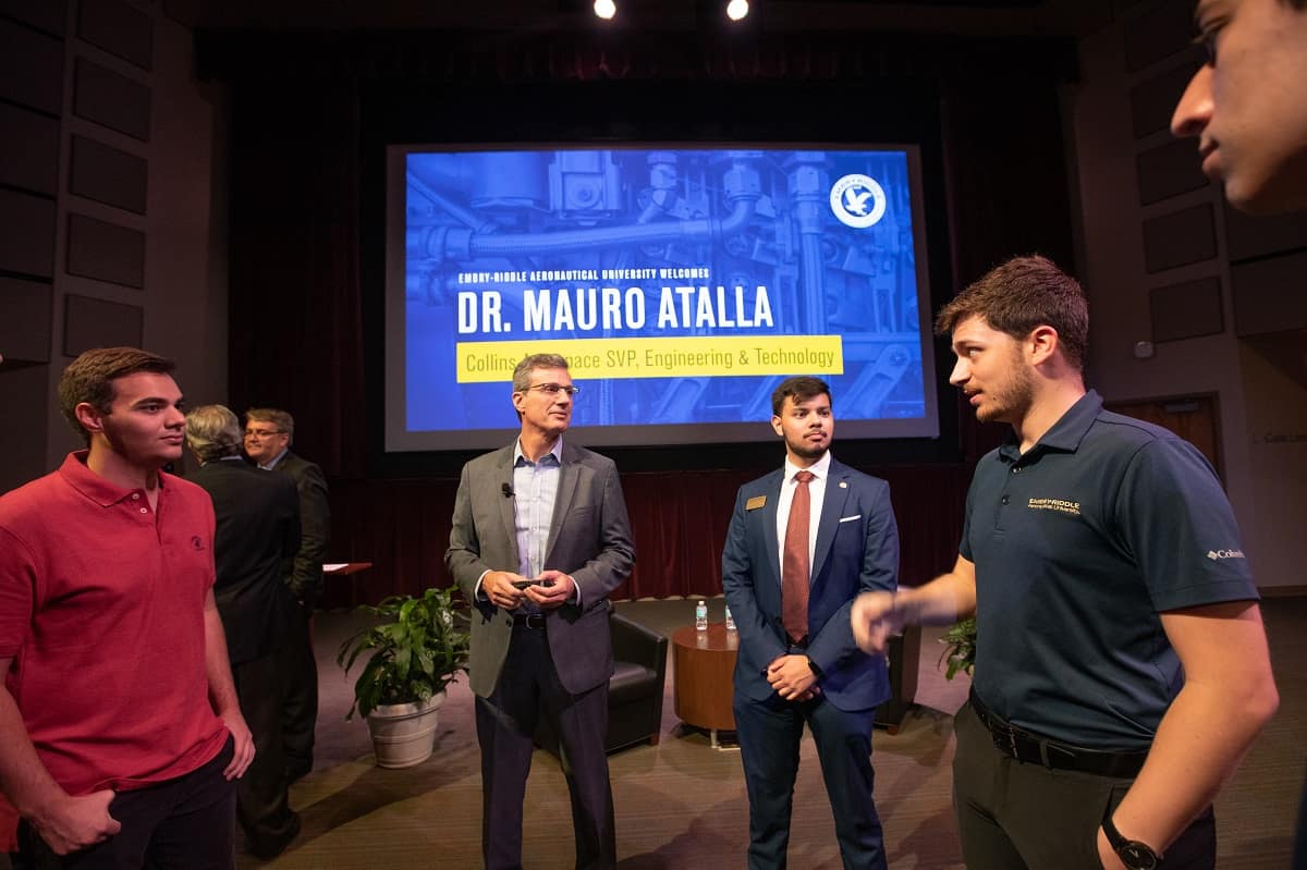 Collins Aerospace Senior Vice President for Engineering Mauro Atalla met students and spoke about the industry’s need for innovation at a recent Presidential Speaker Series event. 