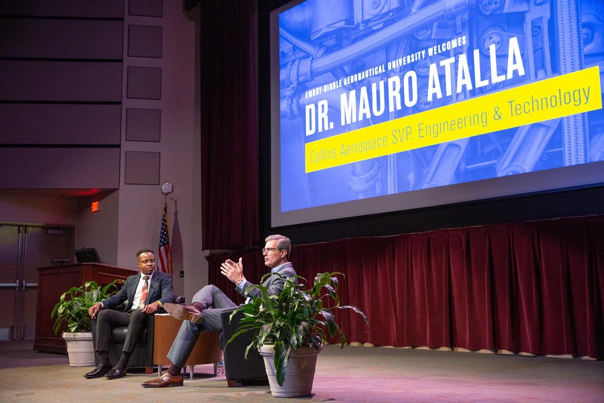 Collins Aerospace Senior Vice President for Engineering Mauro Atalla met students and spoke about the industry’s need for innovation at a recent Presidential Speaker Series event.