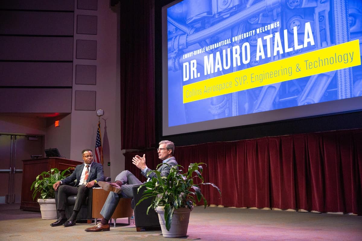 Collins Aerospace Senior Vice President for Engineering Mauro Atalla met students and spoke about the industry’s need for innovation at a recent Presidential Speaker Series event. 