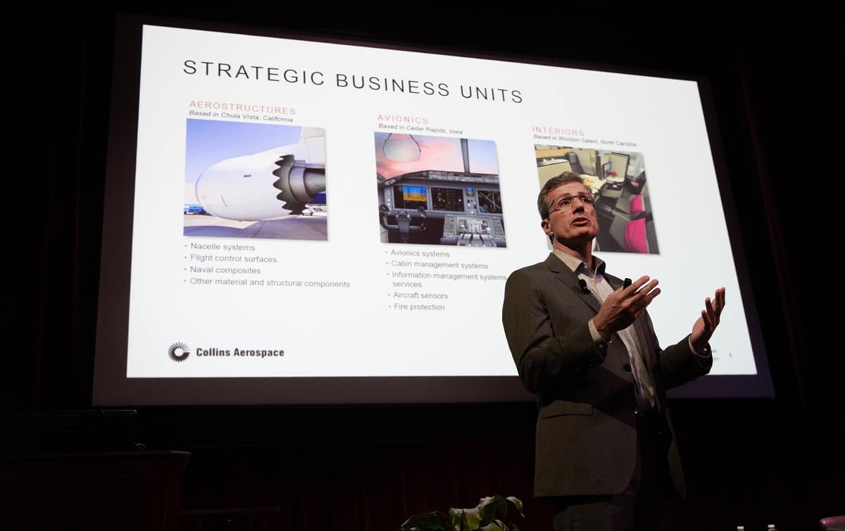 Collins Aerospace Senior Vice President for Engineering Mauro Atalla met students and spoke about the industry’s need for innovation at a recent Presidential Speaker Series event.