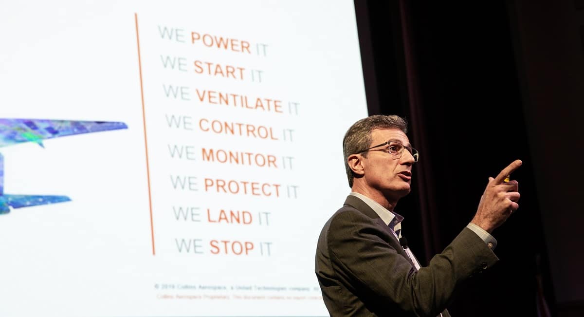 Collins Aerospace Senior Vice President for Engineering Mauro Atalla met students and spoke about the industry’s need for innovation at a recent Presidential Speaker Series event.