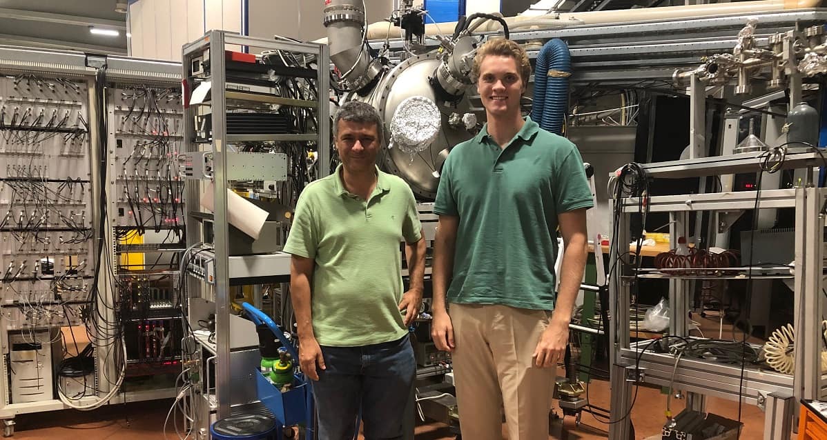 Dr Giorgio Turri and Conner Penson, inside the synchrotron facility.