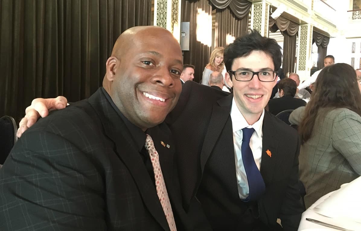 Associate professor of Aerospace & Occupational Safety Anthony Brickhouse poses with student Andrew Hall at the International Society of Air Safety Investigators (ISASI) conference in the Hague.