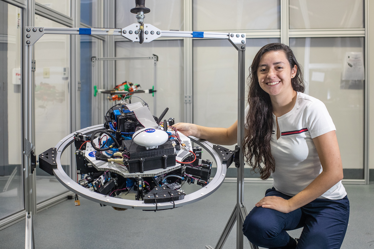 Doctoral student Yomary Betancur Vesga works on an asteroid-sampling unmanned spacecraft in the Advanced Dynamic and Control Lab at Embry-Riddle’s MicaPlex. (Photo: Embry-Riddle/David Massey)