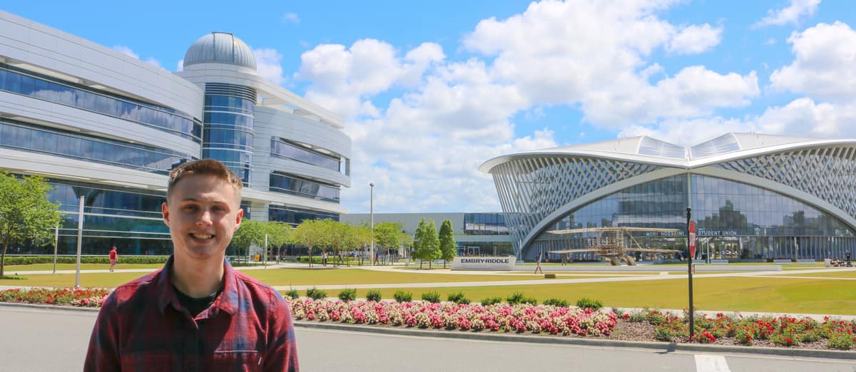 Daniel Oldham in front of the Student Union