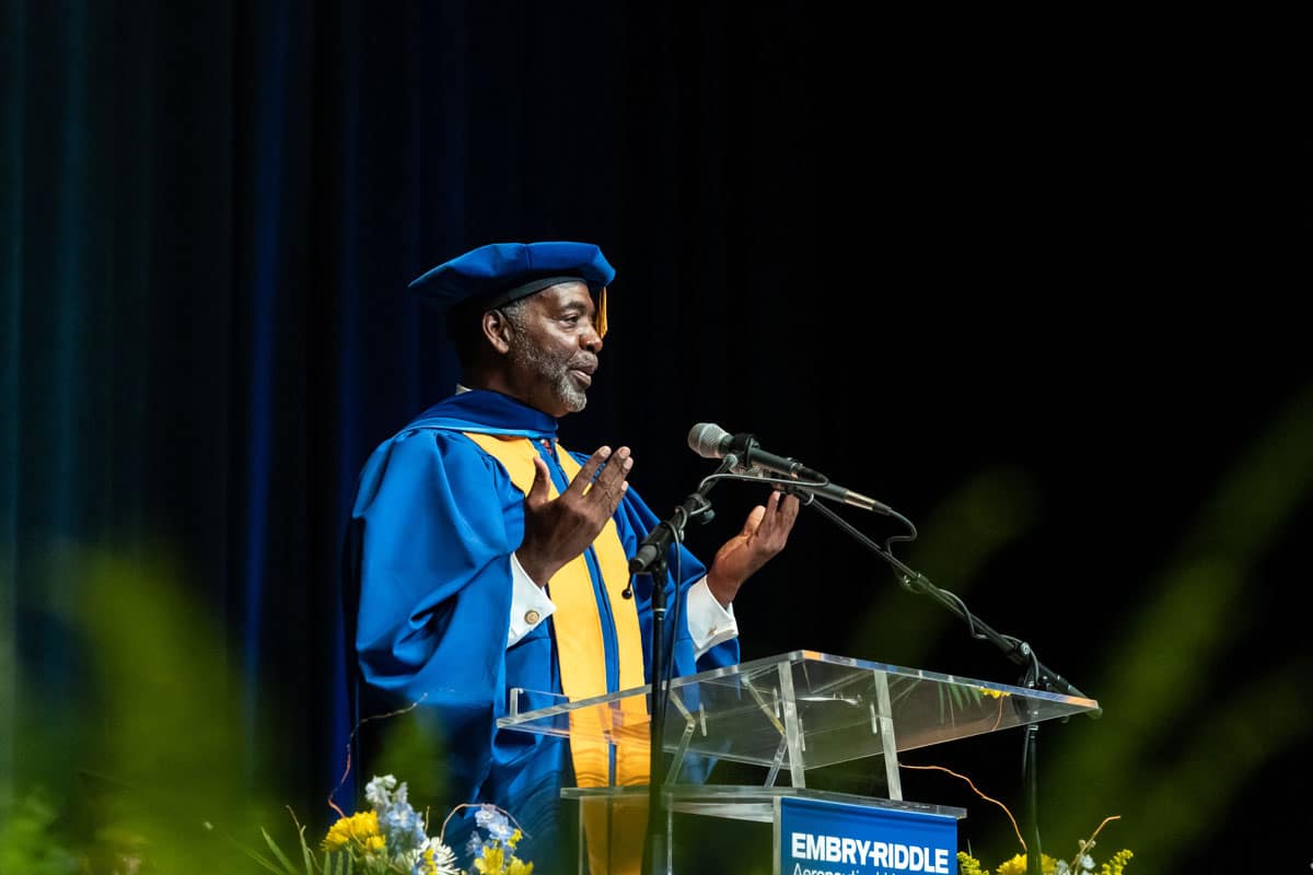 Dennis Jones, the retired National Transportation Safety Board Managing Director and ERAU Alum, gives the commencement speech May 6, 2019, in Daytona Beach. (Photo: Daryl Labello/Embry-Riddle)