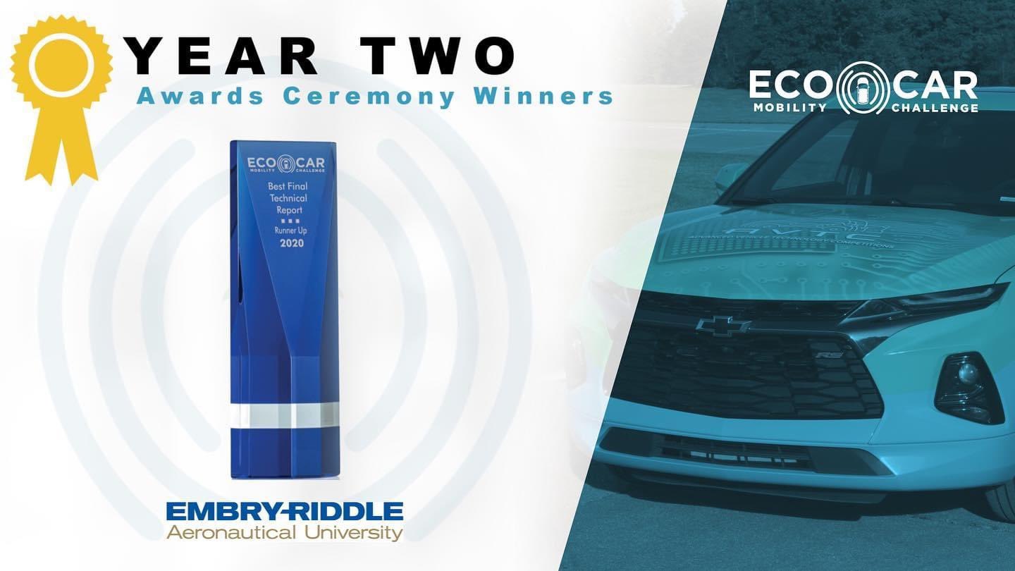 Embry-Riddle’s EcoEagles team was awarded in the Best Final Technical Report category of the EcoCAR Mobility Challenge. 