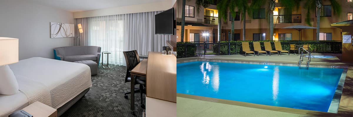 a king room and the pool at the courtyard by marriott hotel