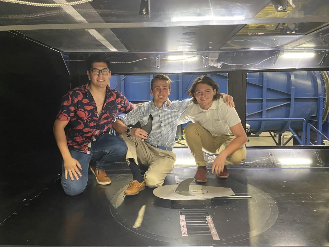 Aerospace Engineering students Pat Garzon, Andrew Ankeny and David Paolicelli used the new subsonic wind tunnel on Embry-Riddle’s Daytona Beach Campus to test the fluid dynamic characteristics of surfboard fins