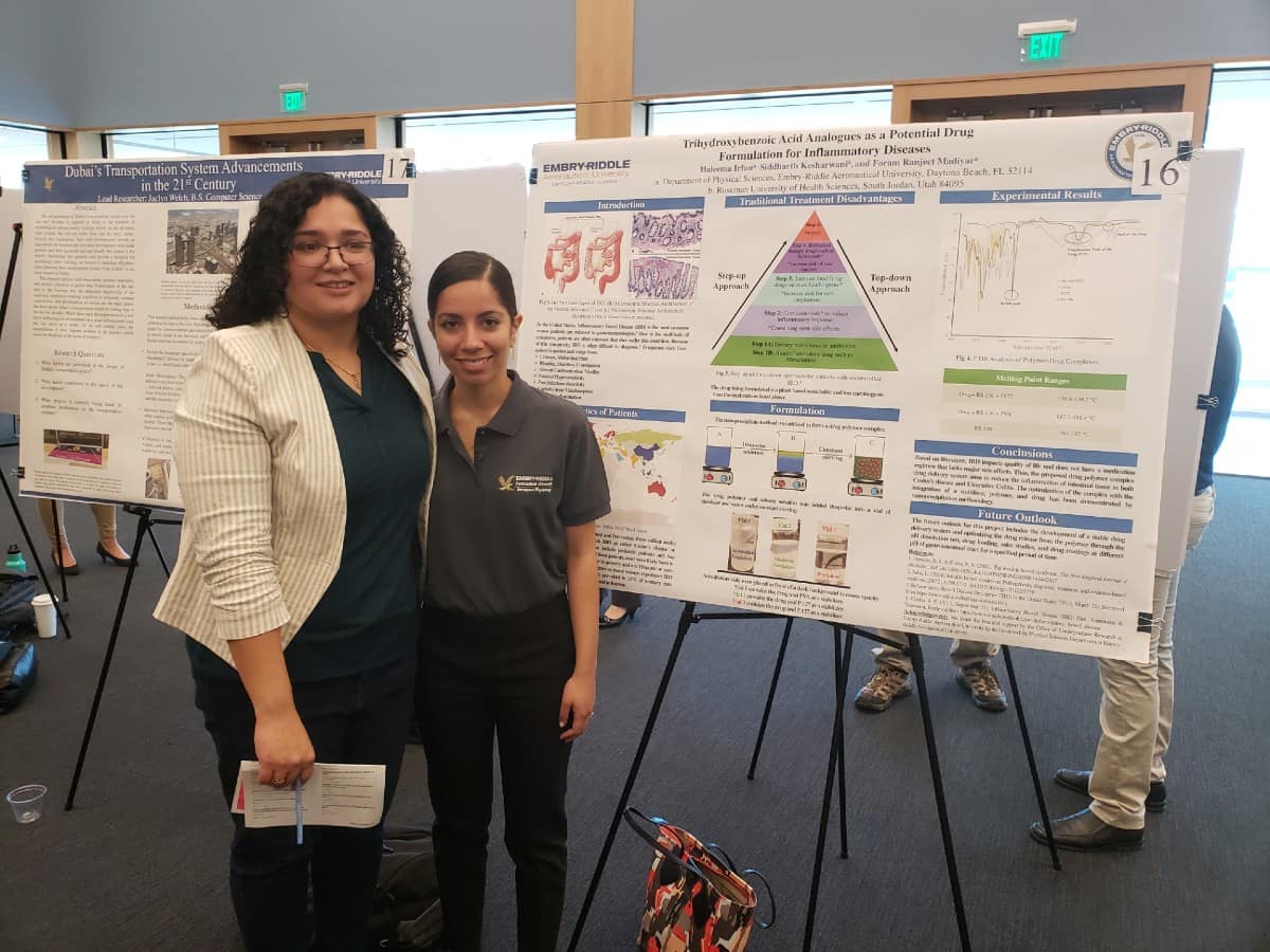 Dr. Foram Madiyar, assistant professor of Chemistry, attended the 2019 Embry-Riddle Research Symposium with Aerospace Physiology and Human Factors Psychology student Haleema Irfan. (Photo: Haleema Irfan)