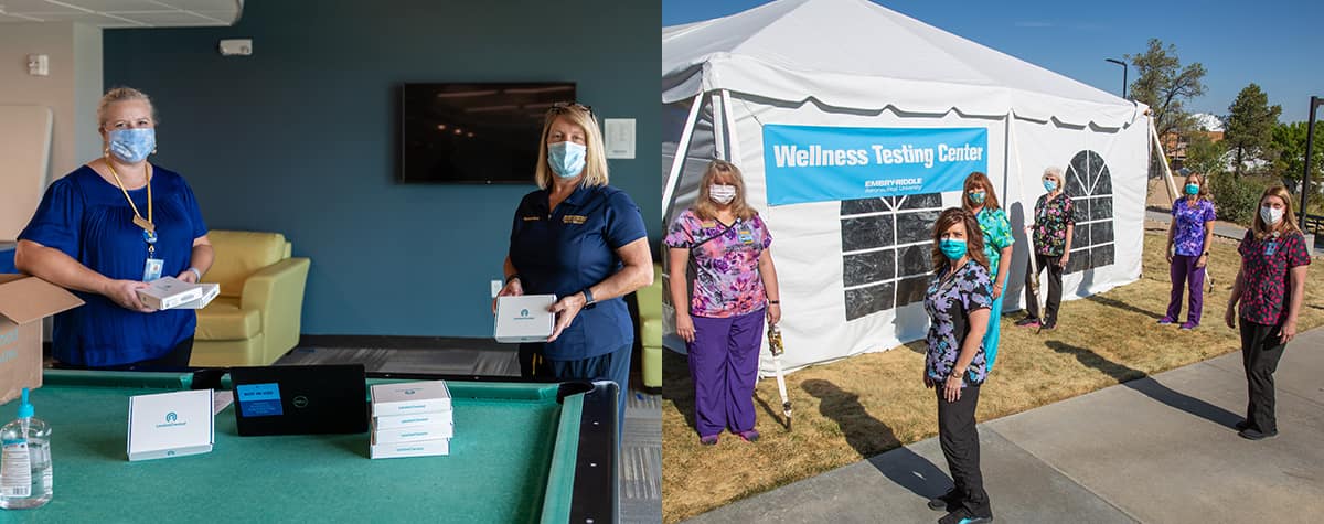 On the front lines of Embry-Riddle’s Covid-19 response are health workers on the Daytona Beach and Prescott campuses. Associate Director for Dean of Students Kristy Amburgey and Health Services Director Pam Petrone conduct sentinel testing in Daytona Beach residence halls (left). In Prescott (right), Wellness Center staff, led by Director Sandra Palmer, offer “pop-up” testing throughout campus. (Photos: Embry-Riddle)