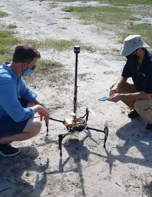 Dr. Kevin Adkins, associate professor of Aeronautical Science, inspects an unmanned aircraft system, or drone, used for weather forecasting, along with Dr. Marc Compere, associate professor of Mechanical Engineering. (Photos: Kevin Adkins)