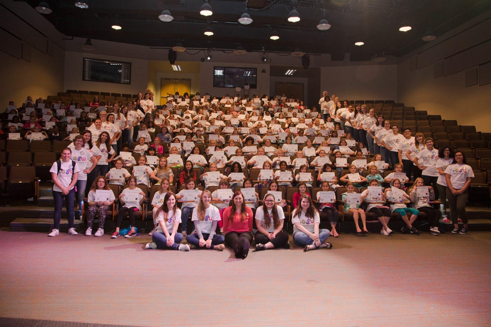 Introduce a Girl: Natalie Hahn (seated in the front row, far right) helped organize the Introduce a Girl to Engineering Workshop in 2018 through the campus chapter of the Society of Women Engineers. More than 200 girls participated in the event in addition to 45 volunteers.