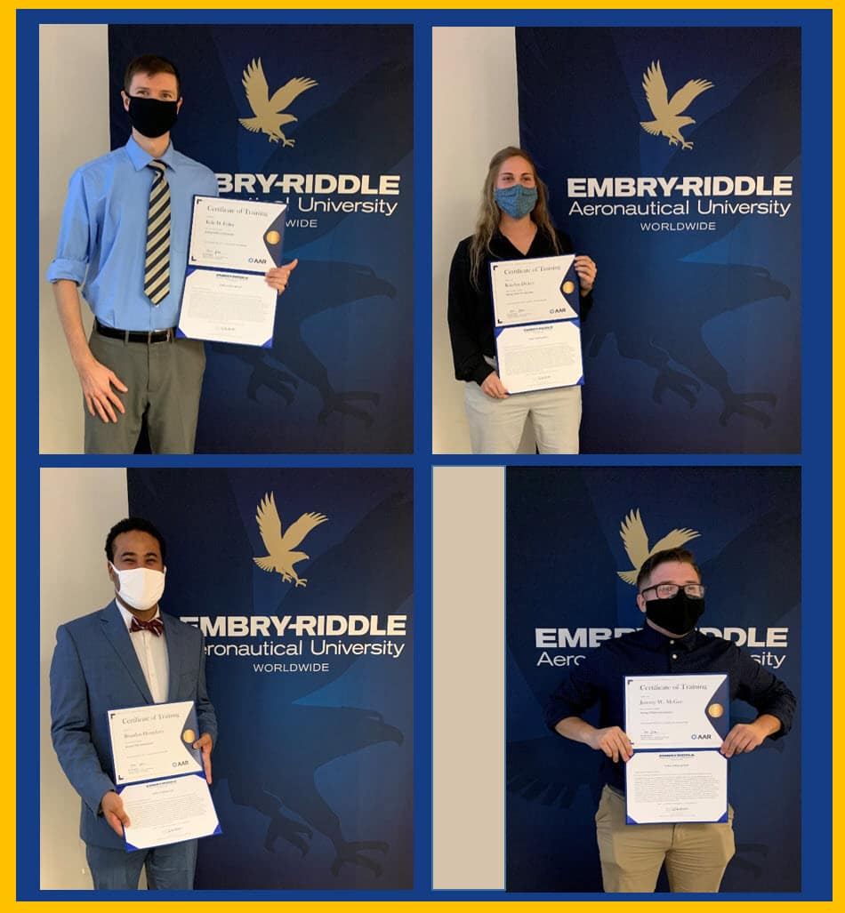 Kyle Feiler, Katelyn Dickey, Brandon Humphrey and Jeremy McGee graduated from the Aviation Maintenance Technology (AMT) SkillBridge Program hosted at Embry-Riddle Worldwide’s Jacksonville Campus, earlier this summer. (Photo: Embry-Riddle)
