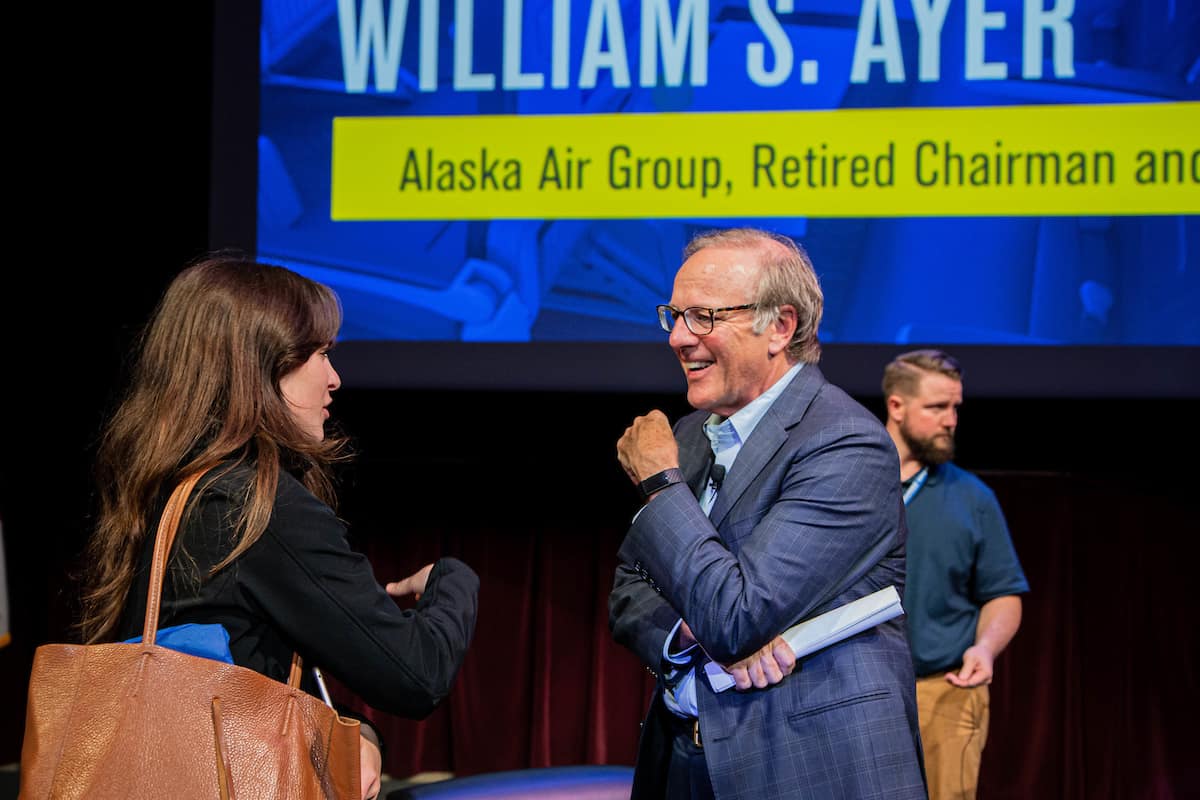 William (Bill) Ayer, retired CEO of Alaska Airlines, talked leadership and business with students at a recent Presidential Speaker Series event. (Photo: Embry-Riddle/Daniella Cabrera)