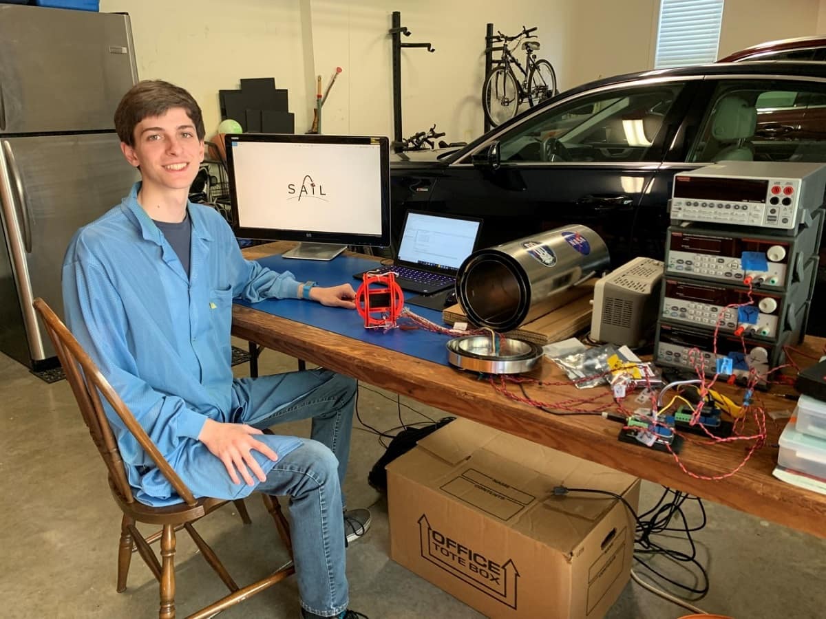 Embry-Riddle sophomore Josh Milford, who is majoring in Engineering Physics, has set up components from the Space and Atmospheric Instrumentation Lab (SAIL) to work remotely in his garage in Waxhaw, North Carolina.