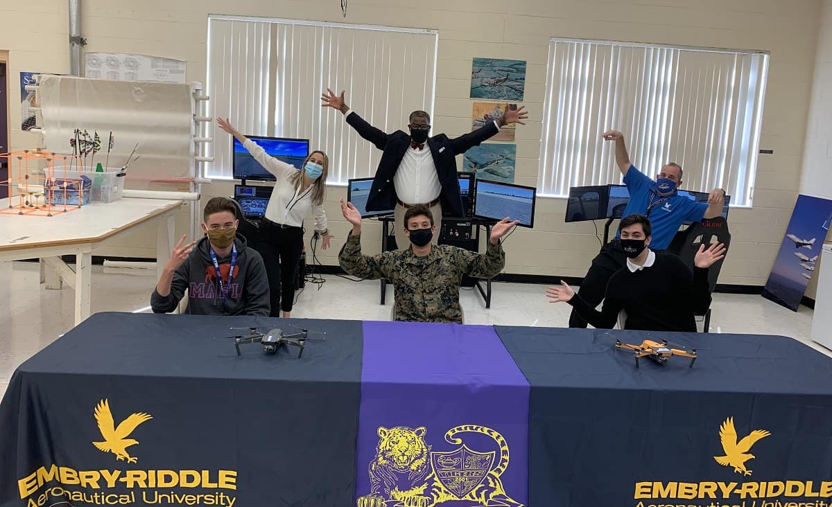 Students in the Boynton Aerospace Science Program (BASA), an aviation program offered through Boynton Beach Community High School and Embry-Riddle’s Gaetz Aerospace Institute, celebrate their first-place win in the FAA’s Airport Design Challenge.