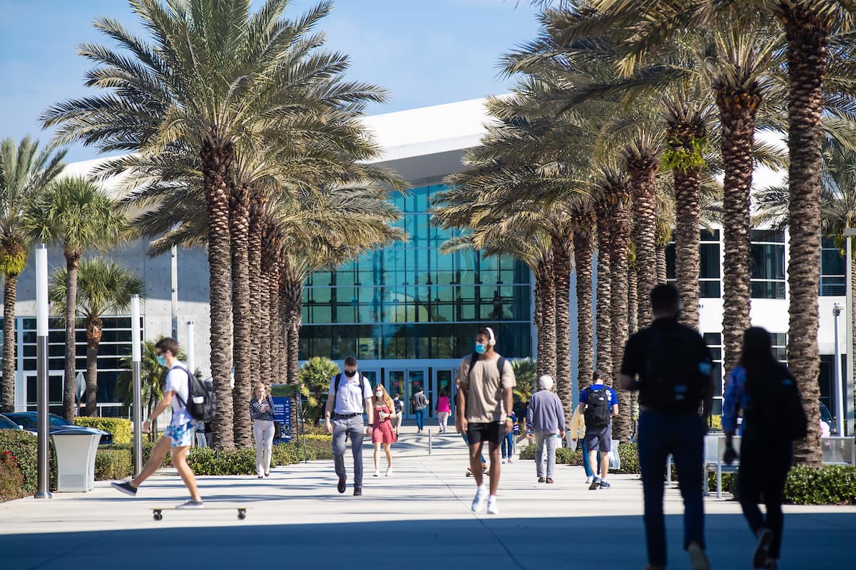 Legacy Walk, which runs down the center of Embry-Riddle’s Daytona Beach Campus, is lined with palm trees leading to the campus flight line. (Photo: Embry-Riddle/David Massey)