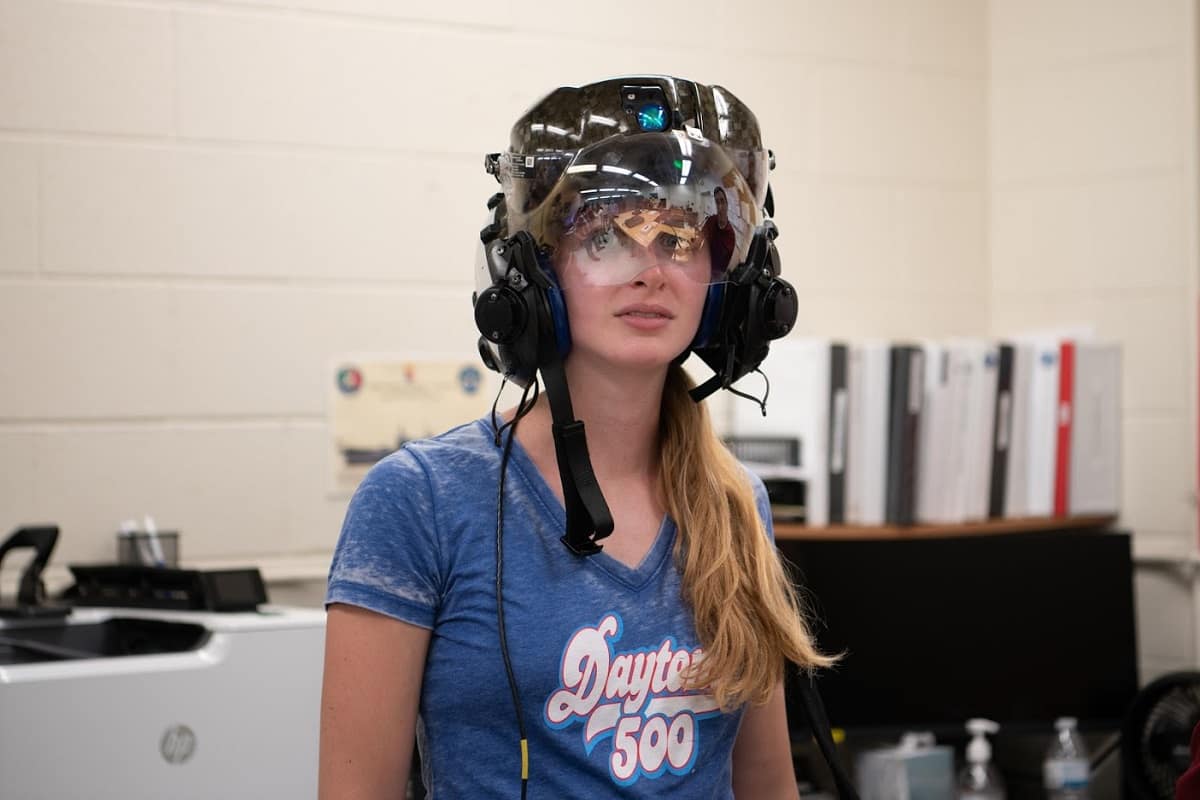 Grace Robertson, incoming Aerospace Engineering senior, has become the first Embry-Riddle student to be named an Astronaut Scholar. She is shown here trying on an F35 pilot helmet, during a flight test internship at Lockheed Martin. (Photo: Grace Robertson)
