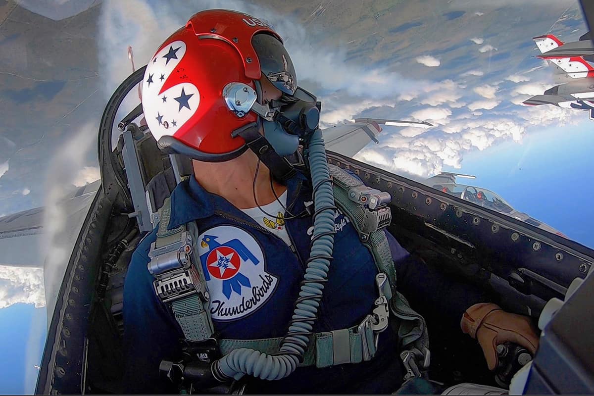 Maj. Michael Brewer (’05, ’20) flies with the U.S. Air Force Flight Demonstration team, better known as the Thunderbirds. (Photo: Maj. Michael Brewer)