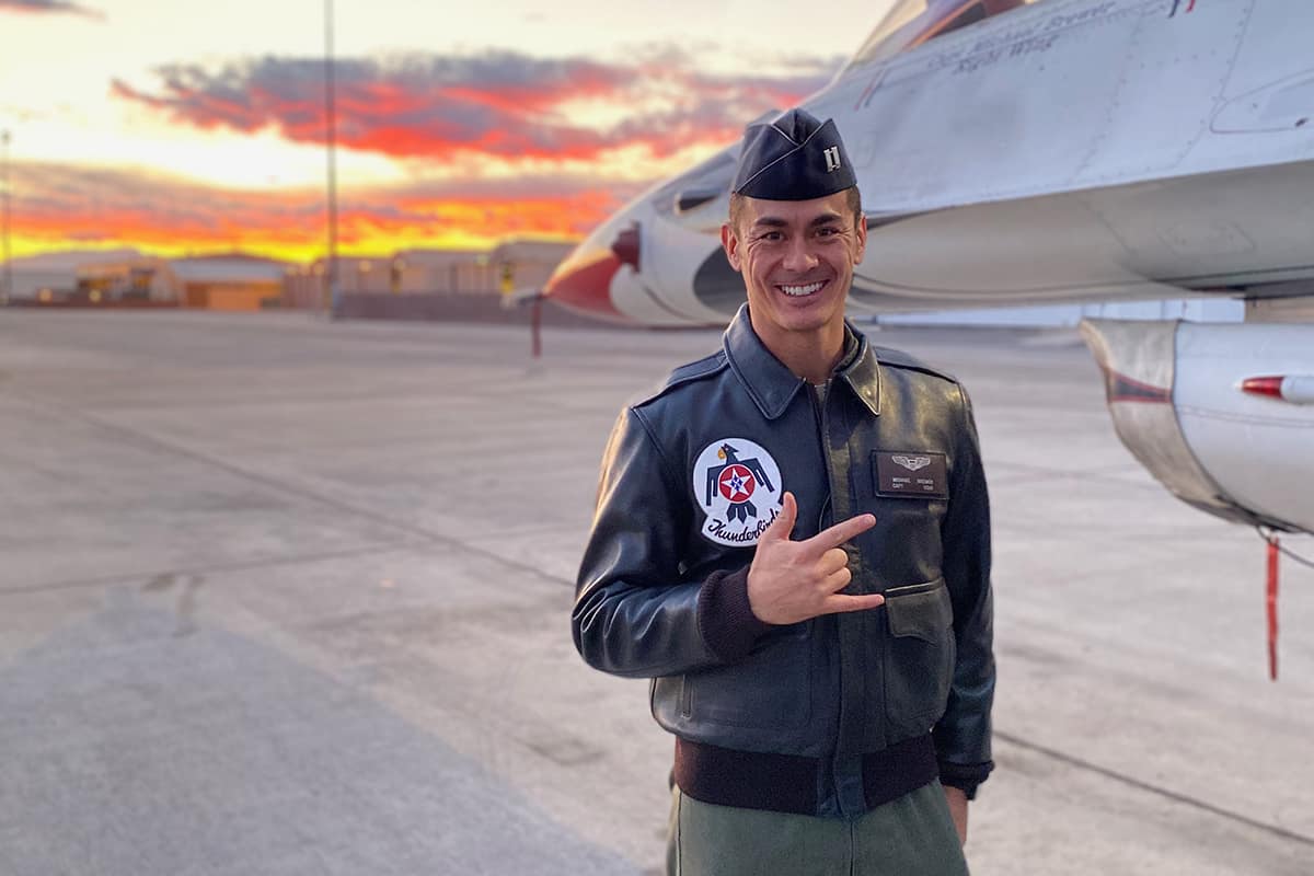 Maj. Michael Brewer (’05, ’20) flies with the U.S. Air Force Flight Demonstration team, better known as the Thunderbirds. (Photo provided by: Maj. Michael Brewer)