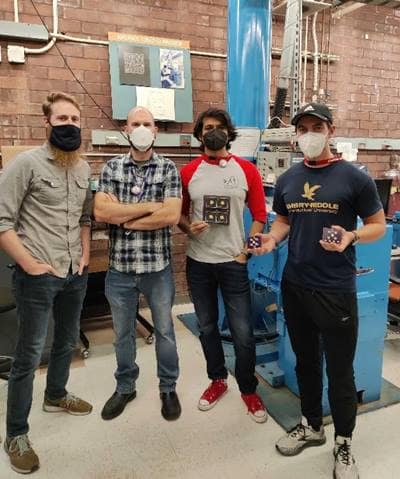 Dr. Patrick Edwards and Aaron Wright of Aerospace Corporation, Engineering Physics professor Dr. Barjatya and Ph.D. candidate Henry Valentine conducted radiation testing of parts in October at Aerospace Corporation’s Cobalt 60 radiation facility in El Segundo, California. (Photo: Aroh Barjatya)