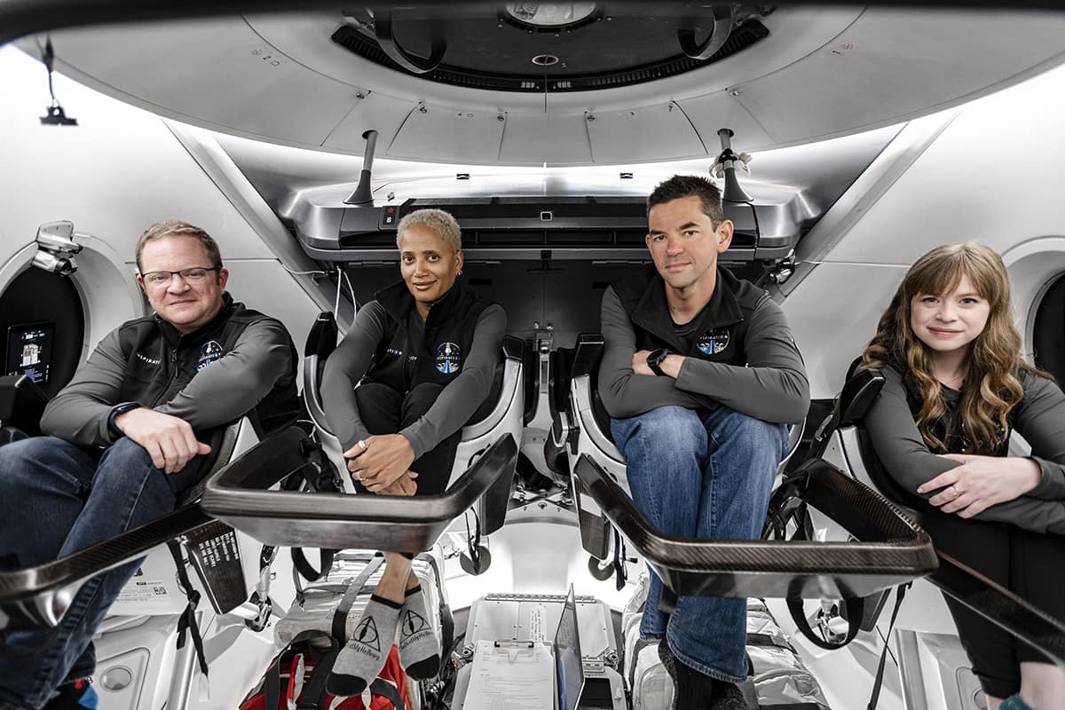 Inspiration4 crew, left to right, Chris Sembroski, Dr. Sian Proctor, Jared Isaacman, and Hayley Arceneaux