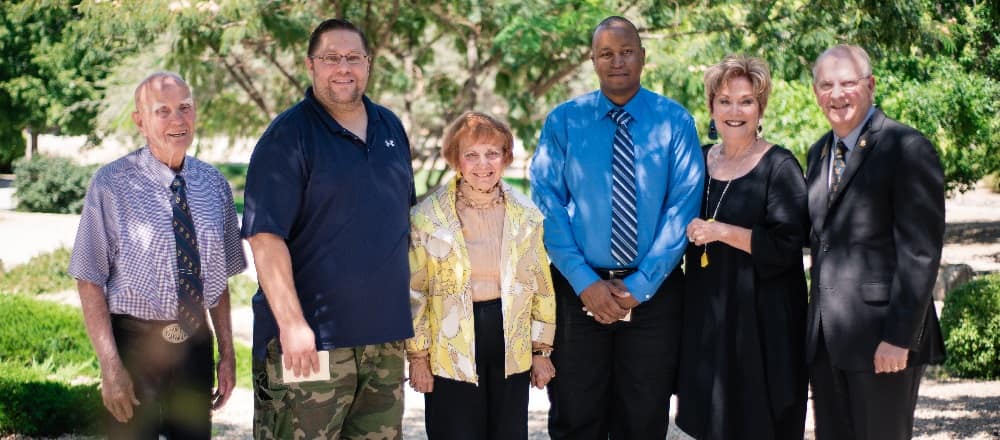 Left to right: Col. Fred Cone (ret), William "Bill" Scott, Pat Carmody, Sylvester Southwell, Carol Chamberlain, and Chancellor Dr. Frank Ayers