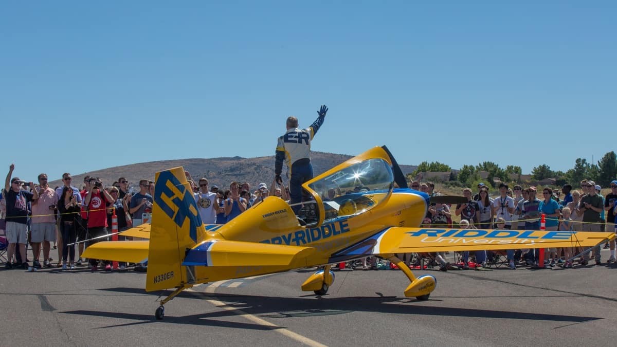 Airshow Pilot Matt Chapman waves to the Wings Out West Crowd